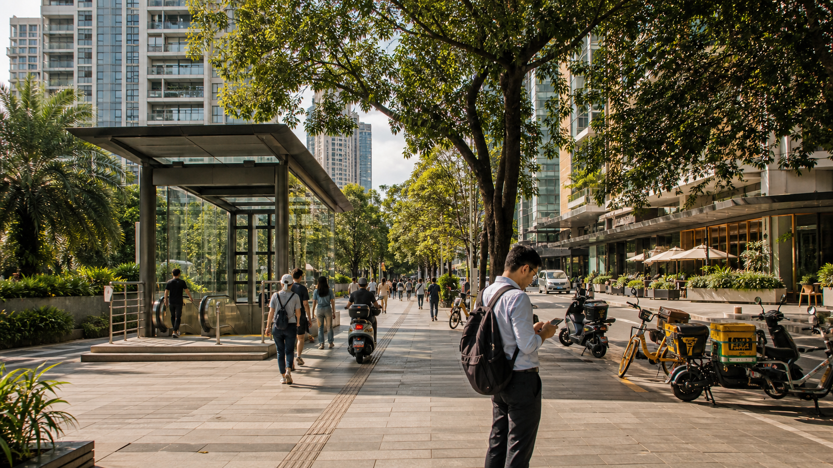 Practical Shenzhen district street with residential towers and transit